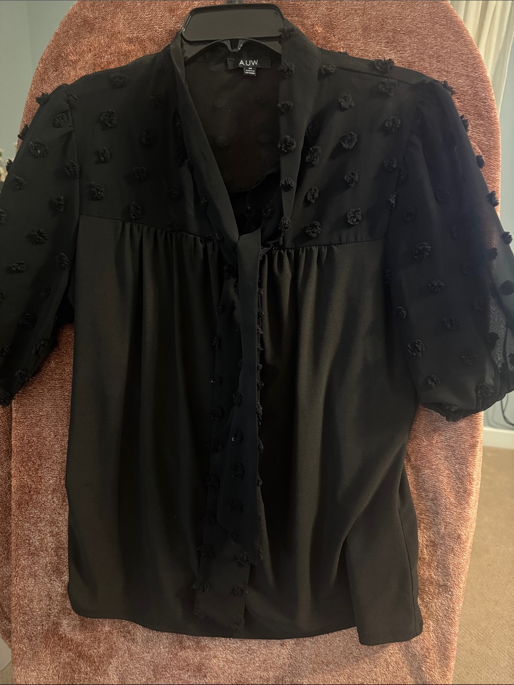 AUW Black Pom-Dot Tie-Neck Blouse